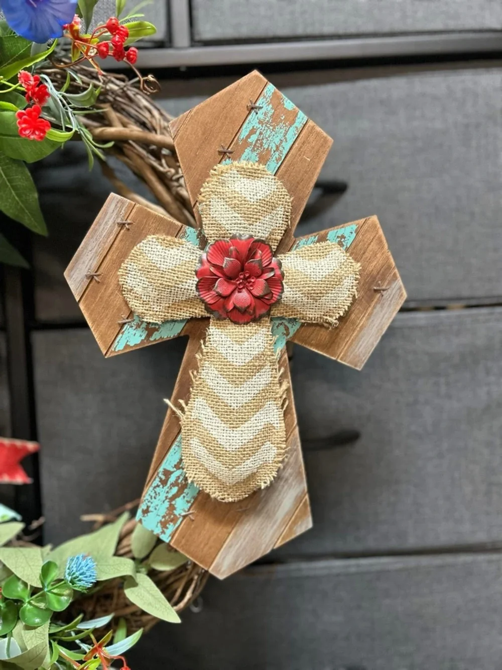 Handmade “Everyday” Blue Floral Wreath with Red Accents and Rustic Cross